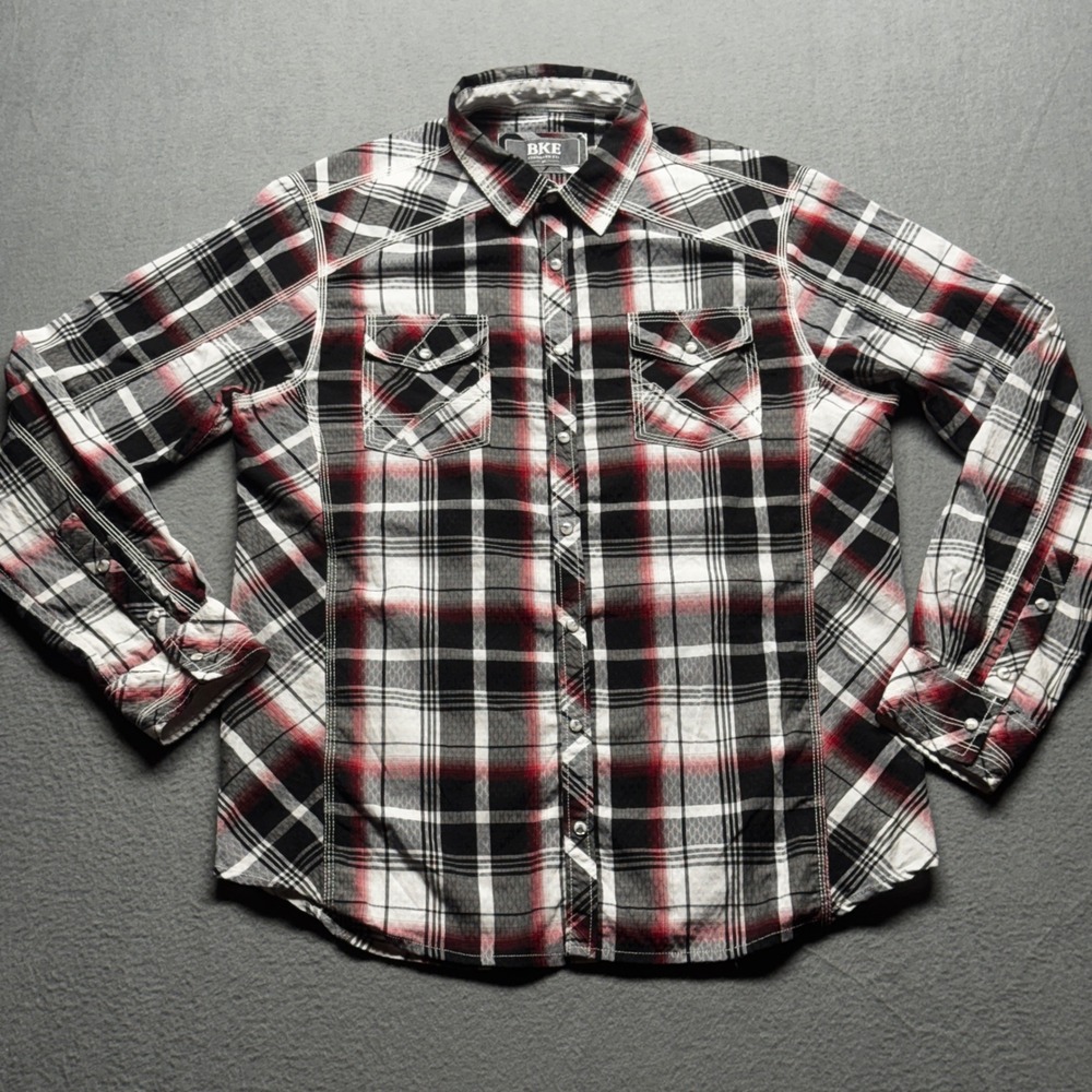 BKE Western Pearl Snap Shirt Mens XL Red Black Plaid Standard Fit Long Sleeve